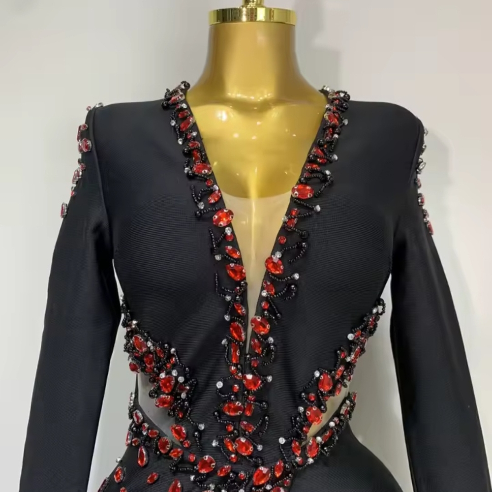 Elegant Black Dress with Red Gem Accents